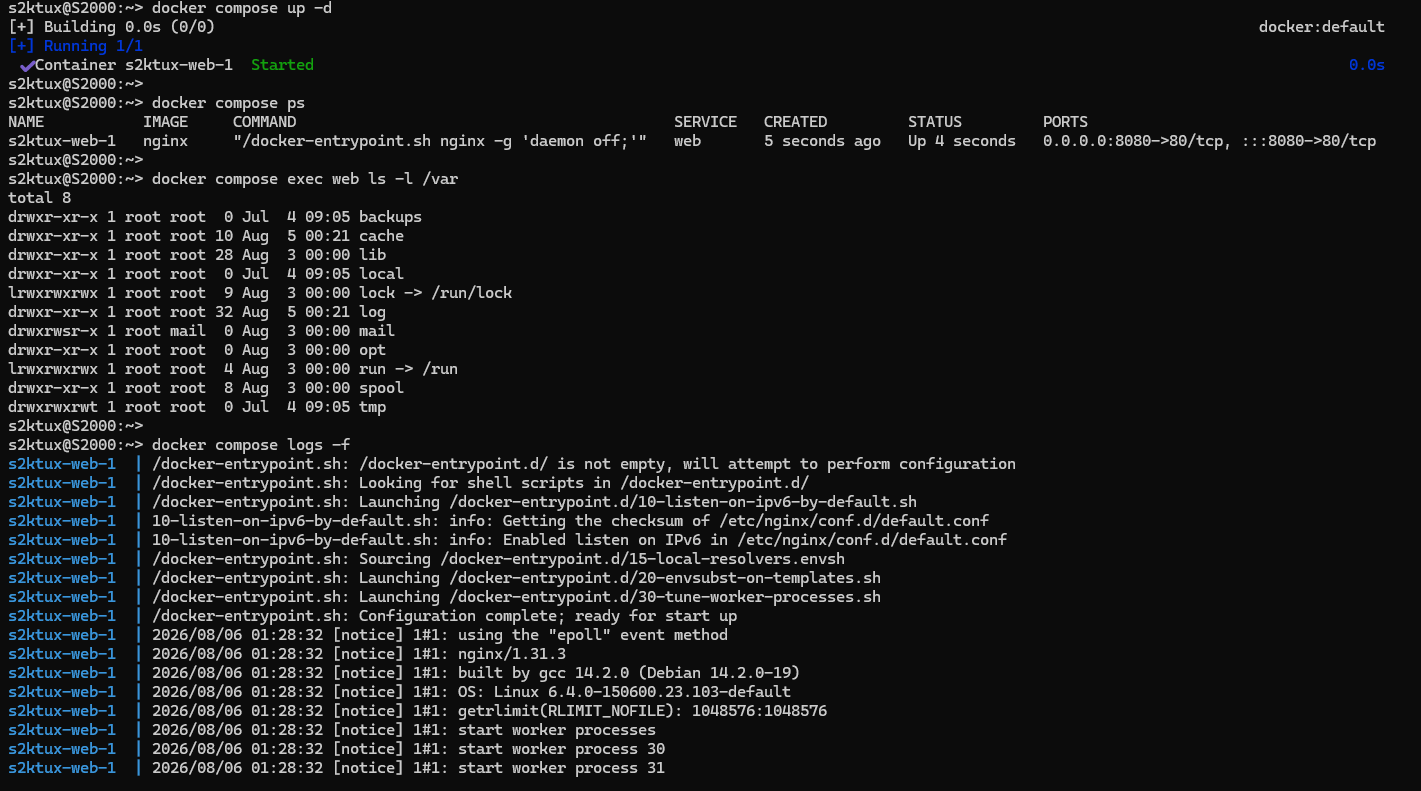 docker compose up, ps y logs