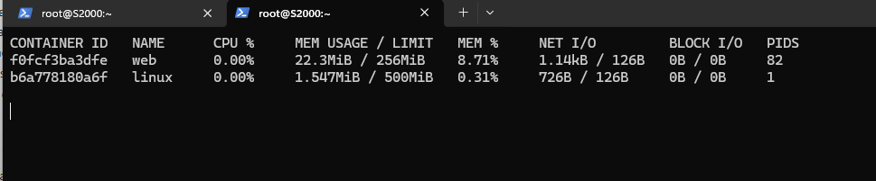 docker stats mostrando el consumo en vivo